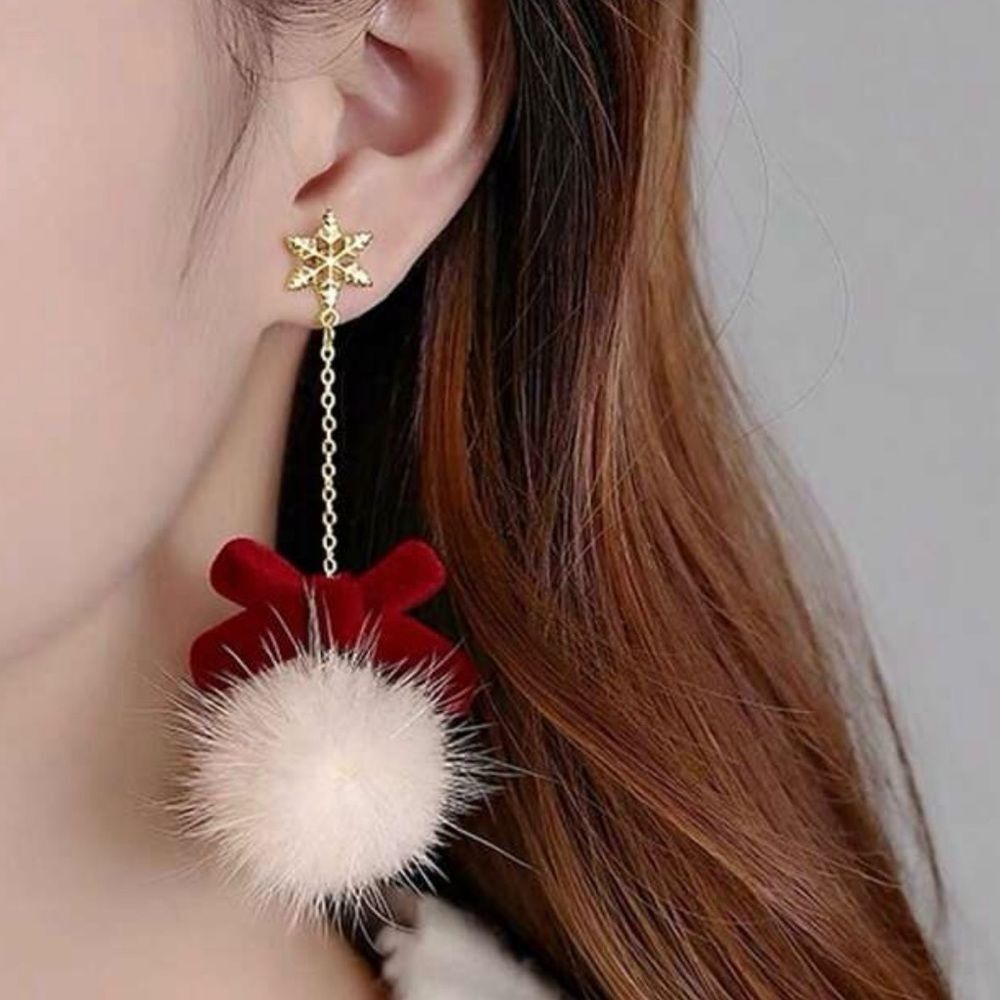 Holiday Christmas Vegan Fur Tassel Drop Snowflake Red Velvet Bow Earrings